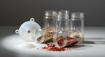 Filling Clear Spice Jars with Various Spices and Funnel photo