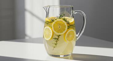Preparing Lemonade in Pitcher with Lemon Slices and Herb photo