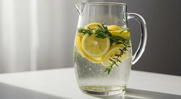 Refreshing Lemon Water in Glass Pitcher with Thyme Sprigs photo