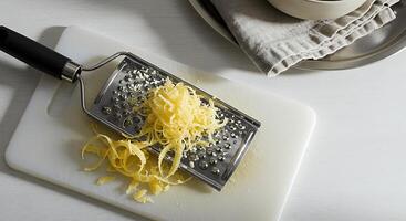 Grating Cheese on Cutting Board with Grater photo