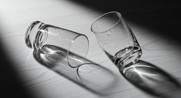 Two Empty Glasses Lying on Table with Water Droplets and Dramatic Shadows photo