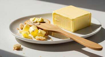 Serving Butter on Crackers with a Wooden Knife on a Plate photo