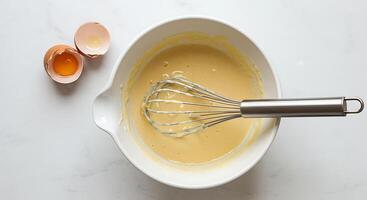Mixing Batter in Bowl with Whisk for Baking Preparation photo