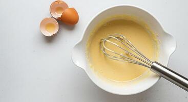 Mixing Batter with Whisk in Bowl with Egg Shells photo