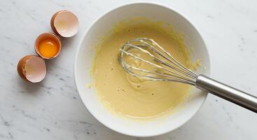 Mixing Eggs in Bowl with Whisk on Marble Surface photo