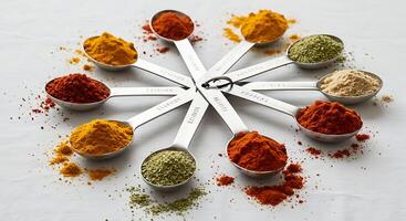 Measuring Spoons Filled with Colorful Spices Arranged in Circle photo