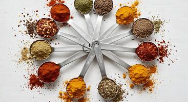 Arrangement of Measuring Spoons Filled with Various Spices photo