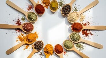 Assorted Spices in Wooden Spoons Forming Circular Frame photo