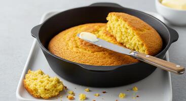 Serving Homemade Cornbread with Butter in a Cast Iron Pan photo