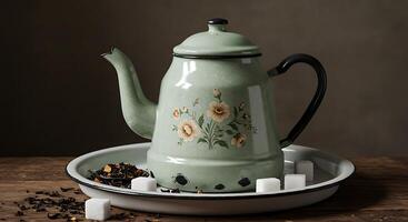 Teapot with Floral Design on Tray with Tea and Sugar Cubes photo