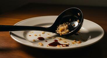 Leftover Rice and Sauce on Plate with Ladle Close Up photo