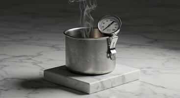 Steaming Liquid in a Metal Cup with Thermometer on a Marble Surface with Grey Tones photo