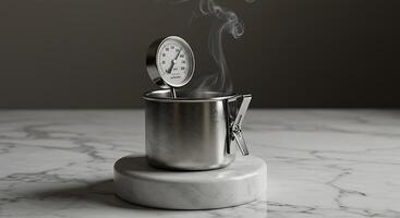 Measuring Temperature of Liquid in Metal Container with Rising Smoke photo