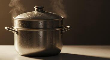 Steaming Pot with Lid Cooking and Water Droplets on Metal photo