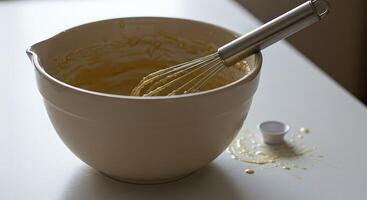 Mixing Batter with Whisk in Bowl on Counter Ready for Baking photo