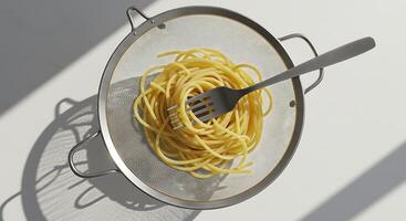 Serving Spaghetti Noodles with a Fork in Metal Colander photo