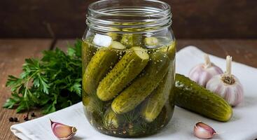 Pickled Cucumbers in Jar with Garlic Dill and Parsley photo