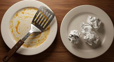 Dirty Plate with Spatula Beside Plate with Crumpled Paper photo