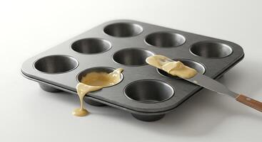 Pouring Batter Into a Muffin Tin Using a Spatula, Baking Preparation photo