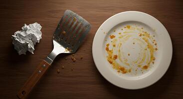 Dirty Plate with Food Scraps and Spatula on a Wooden Table photo