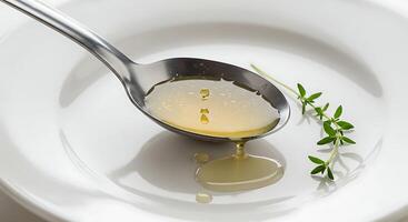 Pouring Broth From Spoon with Thyme Sprig on White Plate photo
