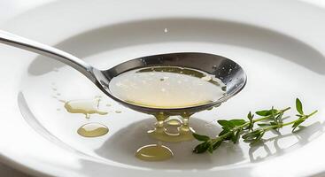 Pouring Liquid on Plate with Spoon and Fresh Thyme Sprig photo