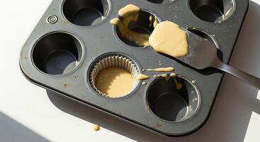 Filling Muffin Tin with Batter Using Spatula for Baking Dessert photo