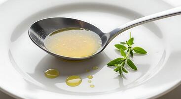 Broth in Spoon with Thyme Herb on White Plate Still photo
