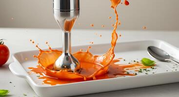 Immersion Blender Creating Splash with Tomato Soup on a White Rectangular Plate photo