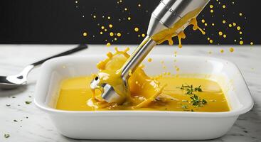 Immersion Blender Blending Soup Creating Splashes and Bubbles Close Up on Marble Surface photo
