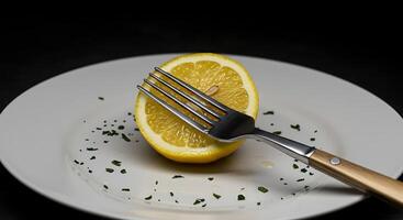 Half Lemon on Plate with Fork and Herb Garnish Showing Food Preparation photo