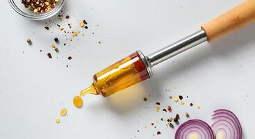 Drizzling Golden Olive Oil with Spices and Sliced Red Onion photo