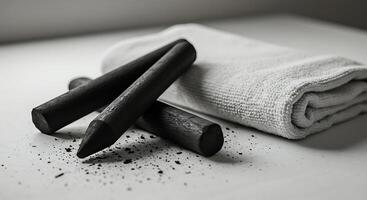 Arrangement of Art Charcoal Sticks with White Towel on Table Surface photo