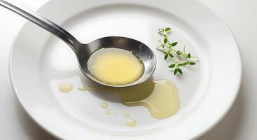 Pouring Broth From Spoon Onto Plate with Fresh Thyme Herb photo