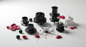 Arrangement of Food Processor Parts and Berries on White Surface photo