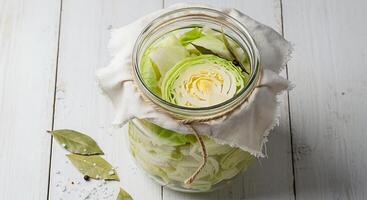Preparing Cabbage for Fermenting in Glass Jar on White Wood Surface photo