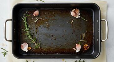 Roasting Pan with Garlic and Rosemary After Cooking a Meal photo