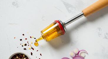 Pouring Oil with Spice and Onion Close Up Preparation Food photo