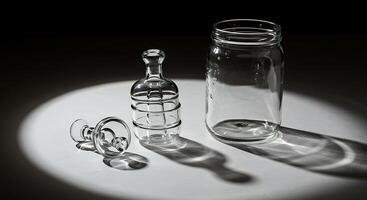 Glass Bottles and Jar Lit by a Spot Light with Shadows on a White Surface photo