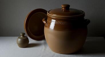 Still Life of Ceramic Pottery Objects with Lid and Open Container on White Table photo