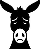 Donkey close-up face in sad expression silhouette, down eyes and ears in flat black on white, simple subject with emotion great for stock usage vector