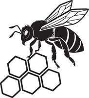 Geometric honeycomb bee silhouette in clean black design, strong outlines and traceable layout, stock friendly vector