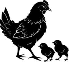 Chicken sitting pose with three baby chick outlines, calm black silhouette on white background, clean flat art suitable for microstock platforms vector