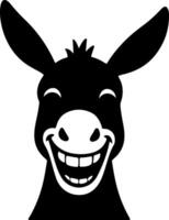 Donkey face silhouette with tilted ears and cheerful smile, black on white in cartoon mood, flat and clean artwork for stock or traceable design vector