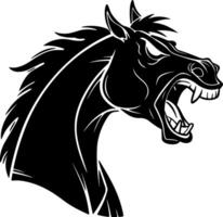 Furious horse head silhouette with flared nostrils and stressed line work in solid black fill showing strong mood style vector