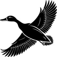 Flying duck in spread wing silhouette, clean black shape on white background, simple minimal posture ideal for stock content and trace-friendly artwork vector