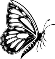 Side view butterfly silhouette with smooth antenna and curved wings, bold black outline, clean shape, no background, good for stock vector