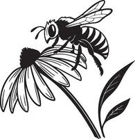 Weary bee silhouette resting with lowered wings on flower stem, clean black flat shape, traceable design, stock friendly layout vector