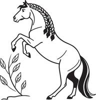 Close-up horse head silhouette with realistic flowing mane, designed in a flat style using bold lines for modern artwork vector