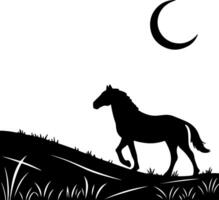 Horse silhouette with moon and stars in a soft night scene, created in a calm flat format with quiet scenic impression vector